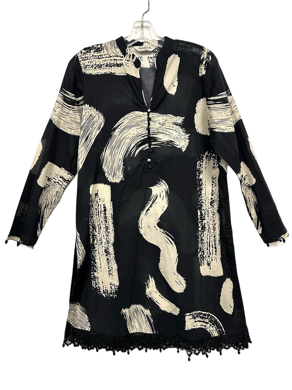 Maria B Cotton Beach Coverup Dress Black Cream Abstract Print Medium